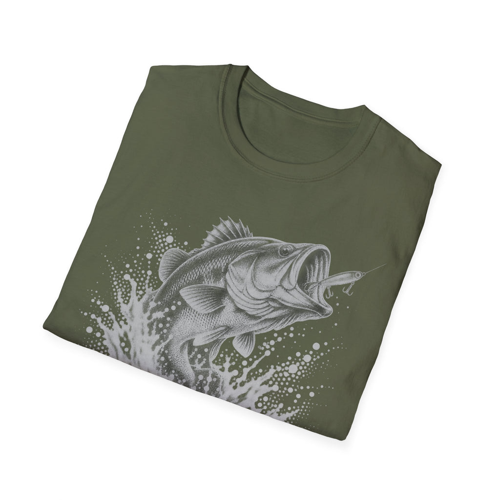 Olive green crew-neck T-shirt with gray largemouth bass splash graphic on front