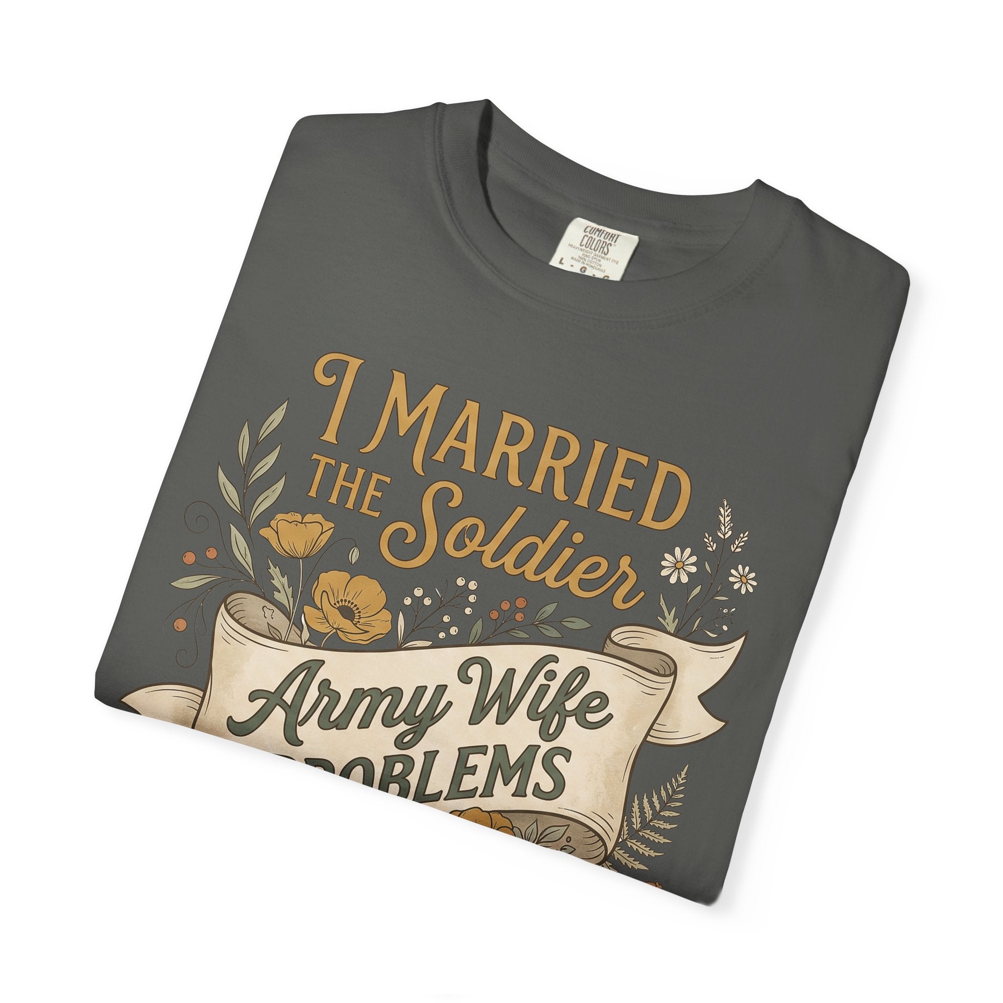 Charcoal crewneck T-shirt with front 'I Married the Soldier' floral print
