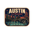 Austin luggage tag sticker with skyline over water and “Texas” banner ribbon