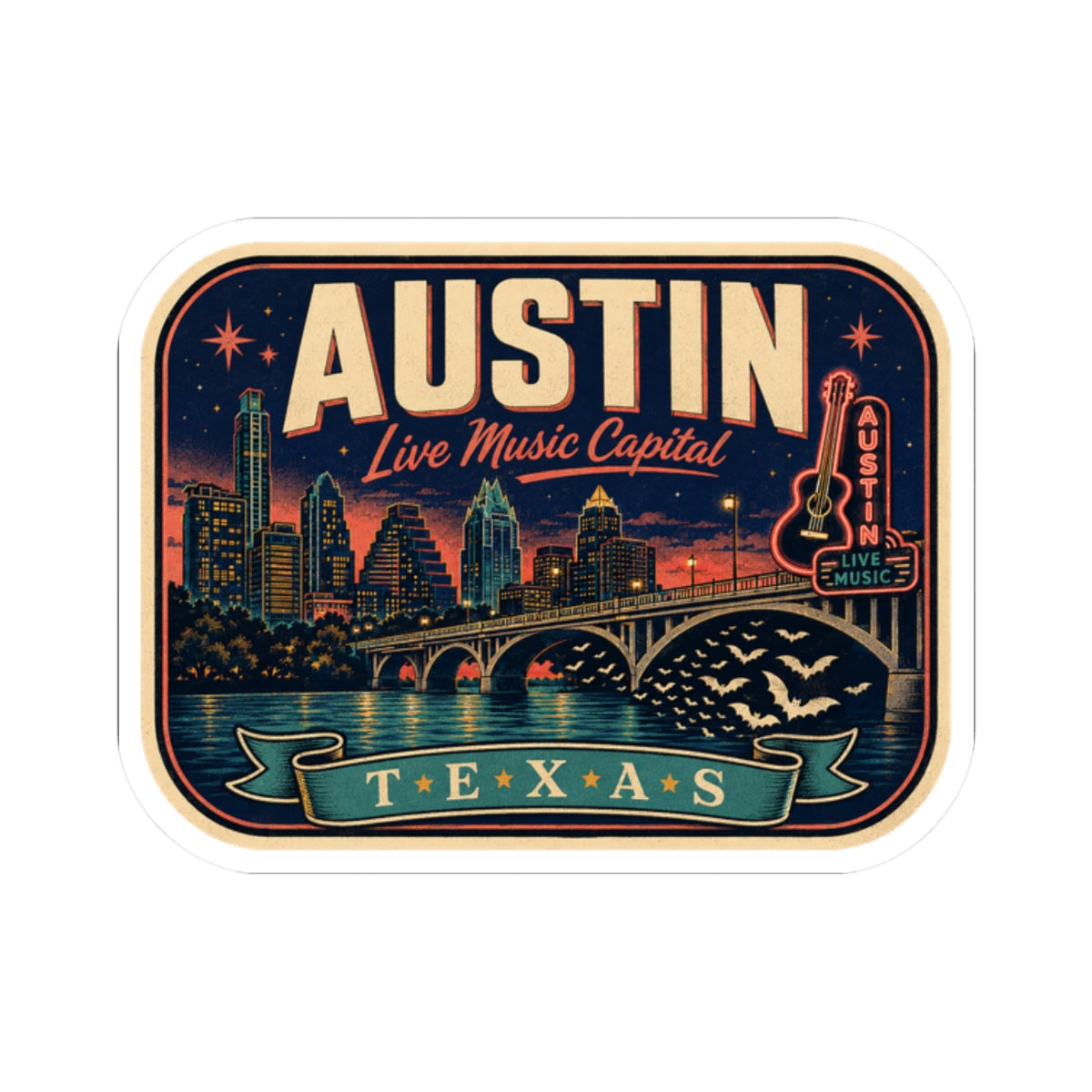 Austin luggage tag sticker with skyline over water and “Texas” banner ribbon