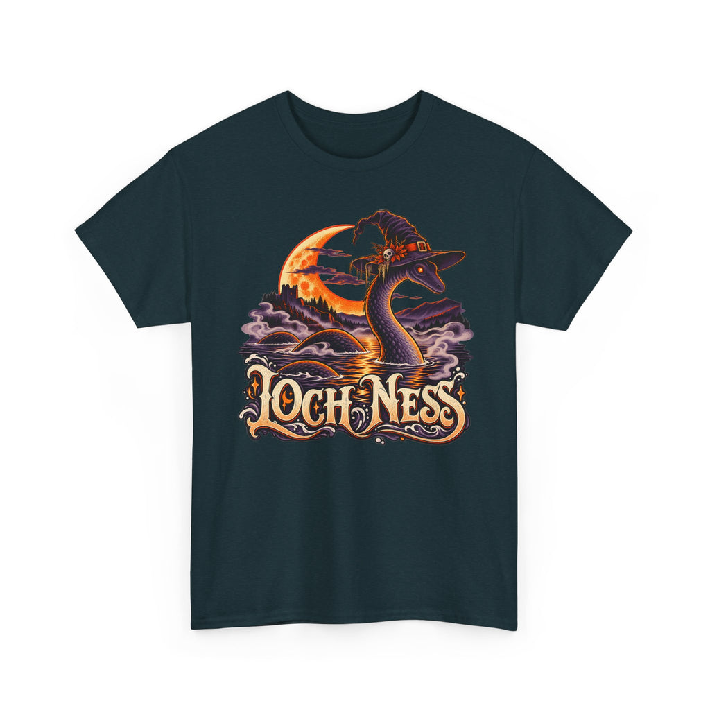 Dark teal Halloween t-shirt with Nessie in witch hat and moonlit lake graphic