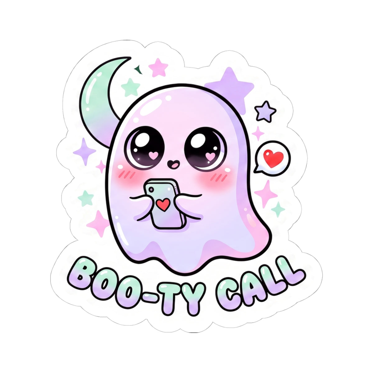 Kawaii ghost phone sticker with pastel purple glow, hand gesture, star accents, Boo-ty Call