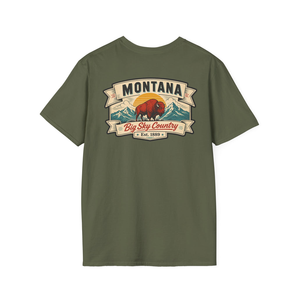 Olive green Montana bison travel T-shirt with 'MONTANA' and 'Big Sky Country' graphic