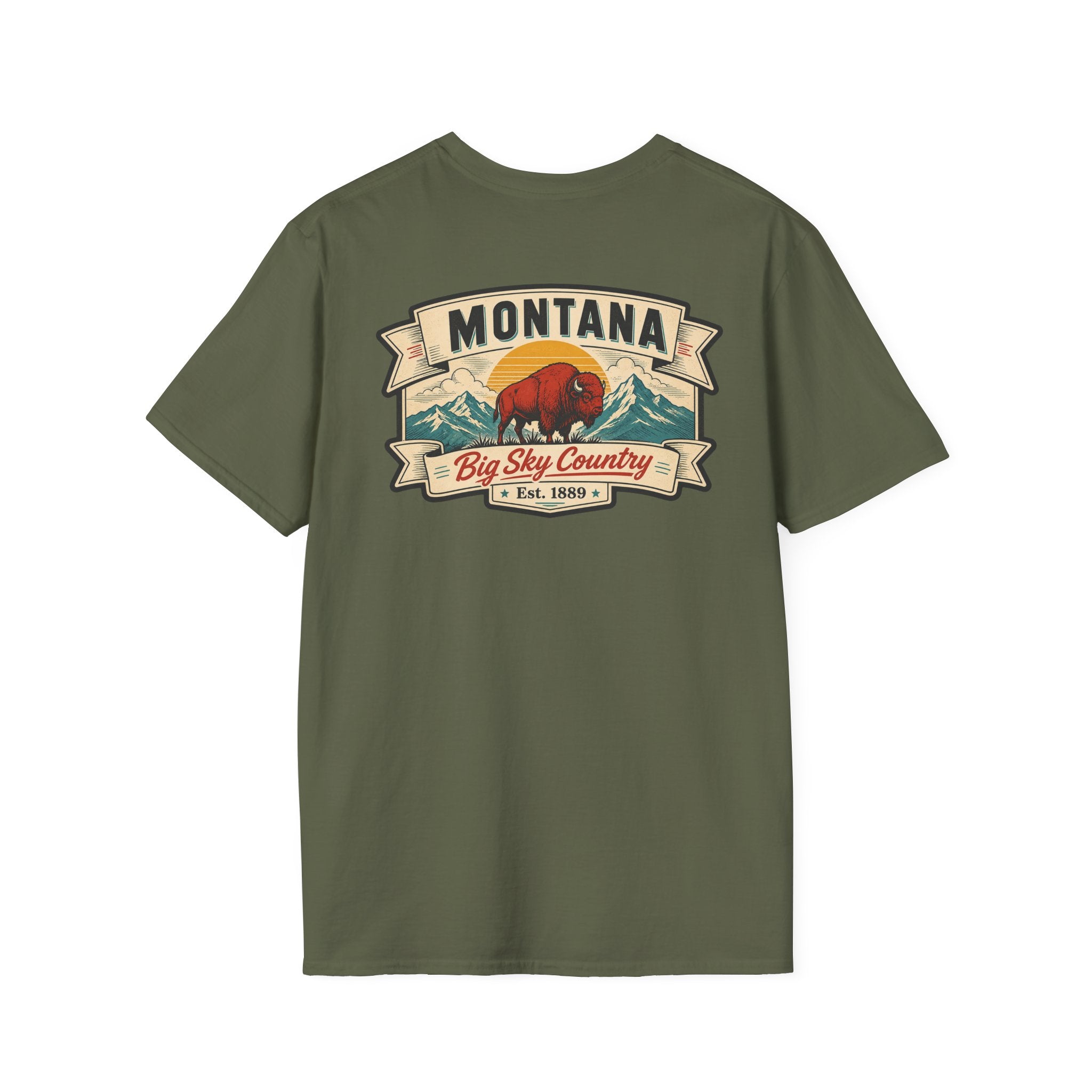 Olive green Montana bison travel T-shirt with 'MONTANA' and 'Big Sky Country' graphic