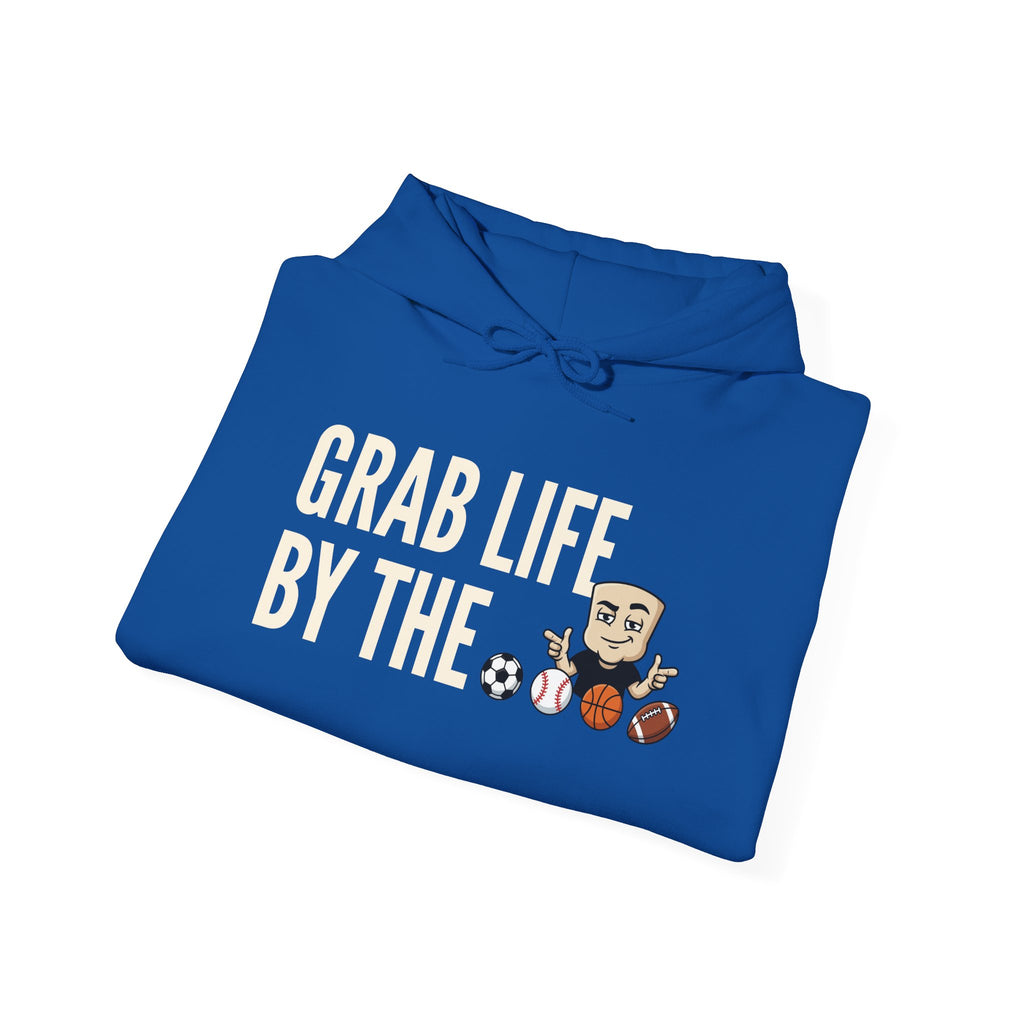 Blue hoodie sweatshirt with 'GRAB LIFE BY THE' sports graphic on front.