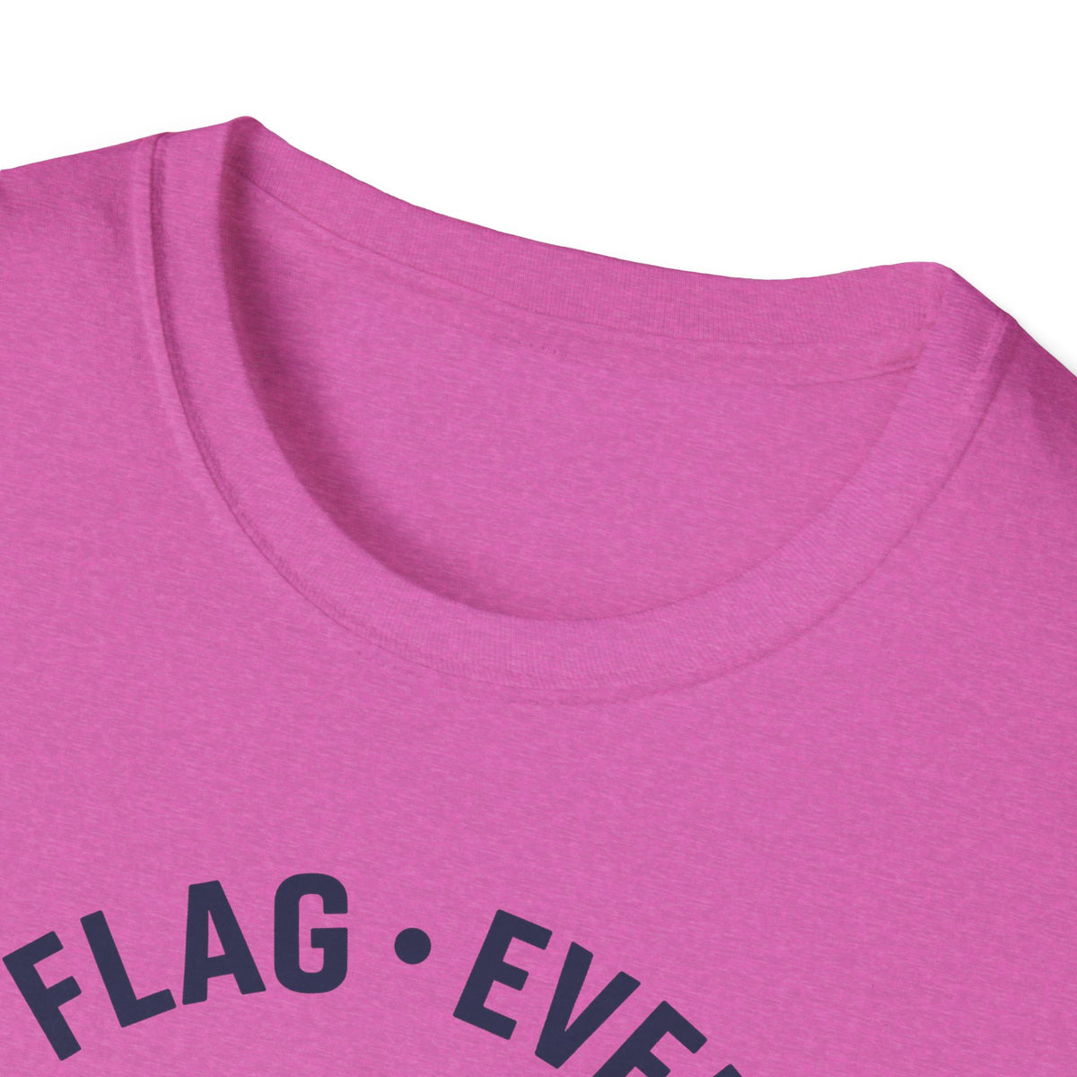 Purple crew-neck t-shirt close-up of collar with partial FLAG • EVE print