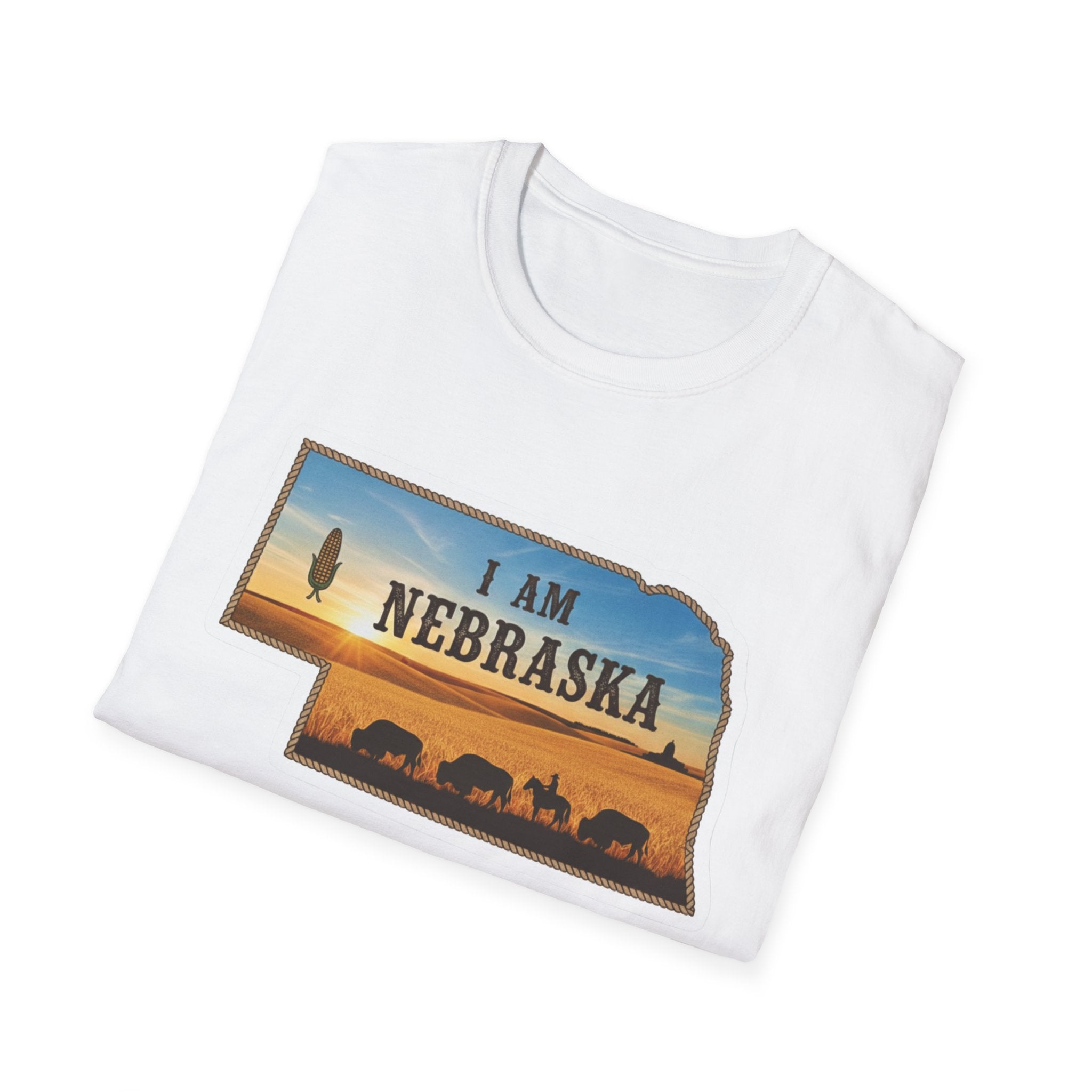 I Am Nebraska T-shirt, white with Nebraska sunset graphic