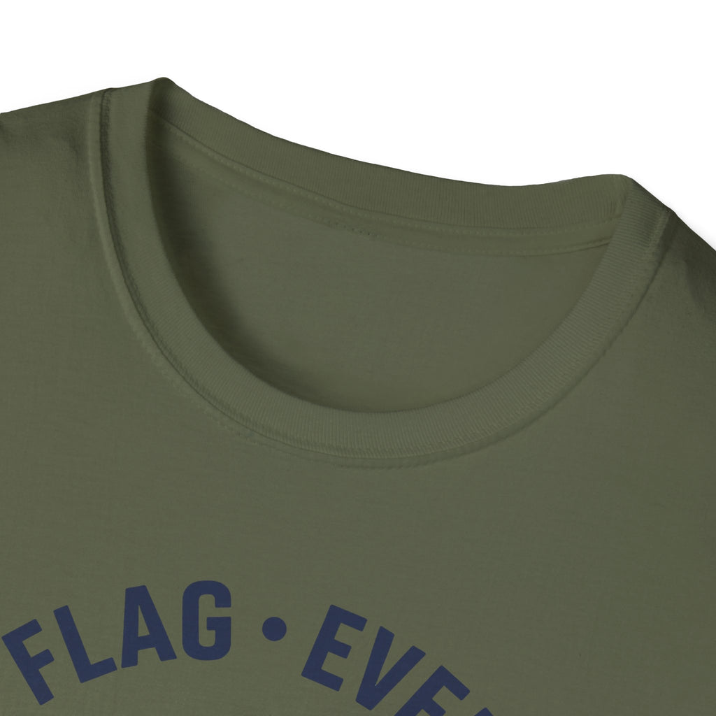 Olive green crew-neck T-shirt with blue "FLAG • EVER" text on chest