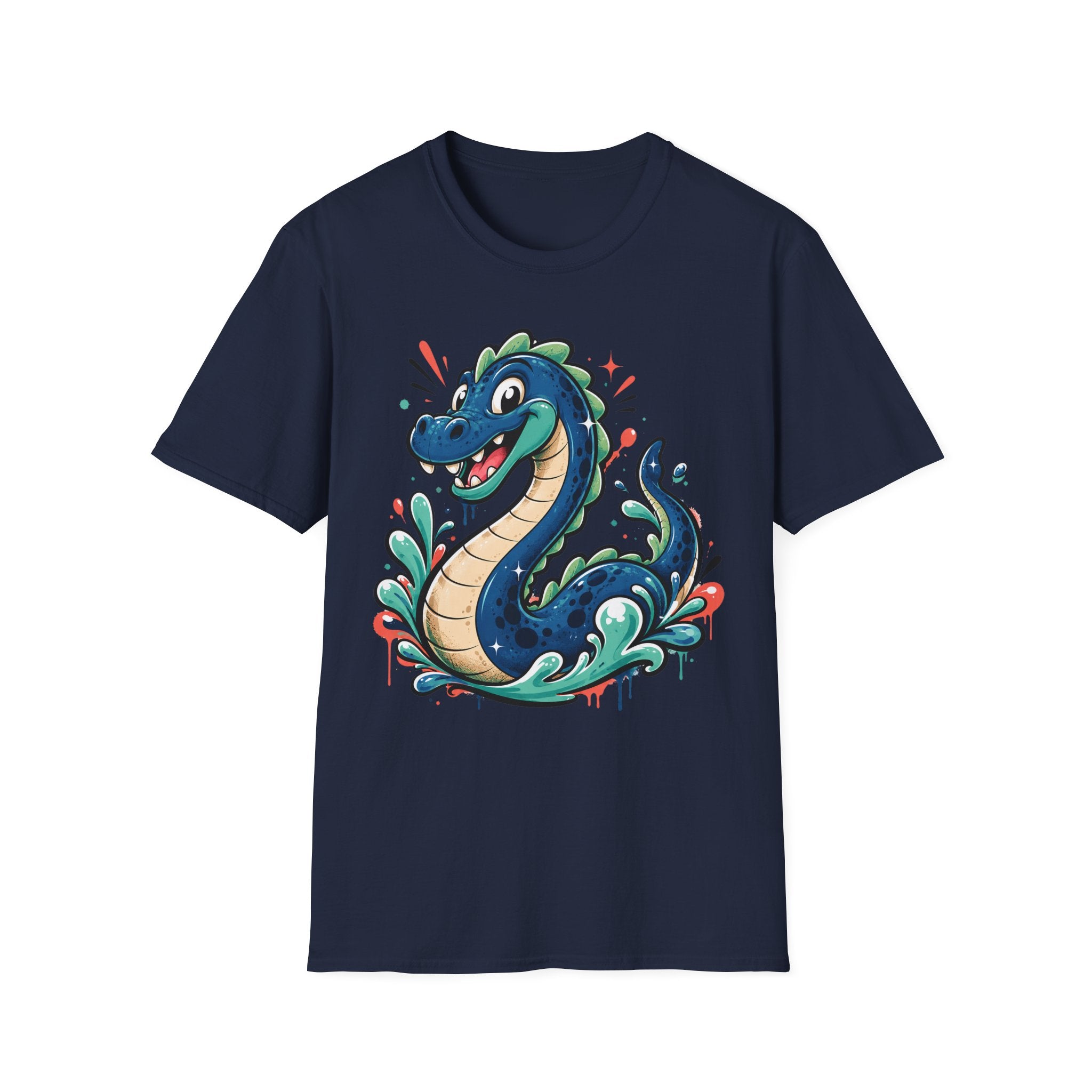 Navy sea serpent graphic T-shirt, short sleeves, crew neck