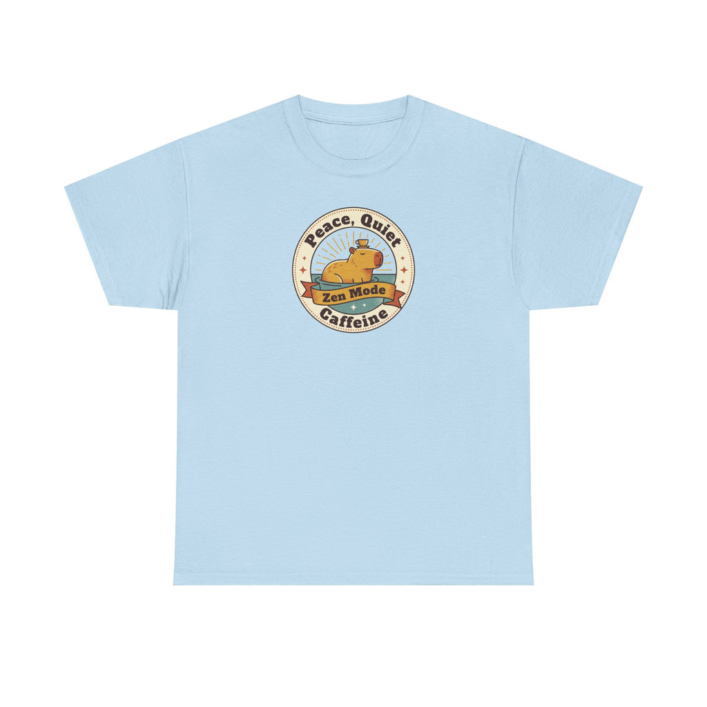 Light blue crew-neck T-shirt with round retro coffee seal graphic