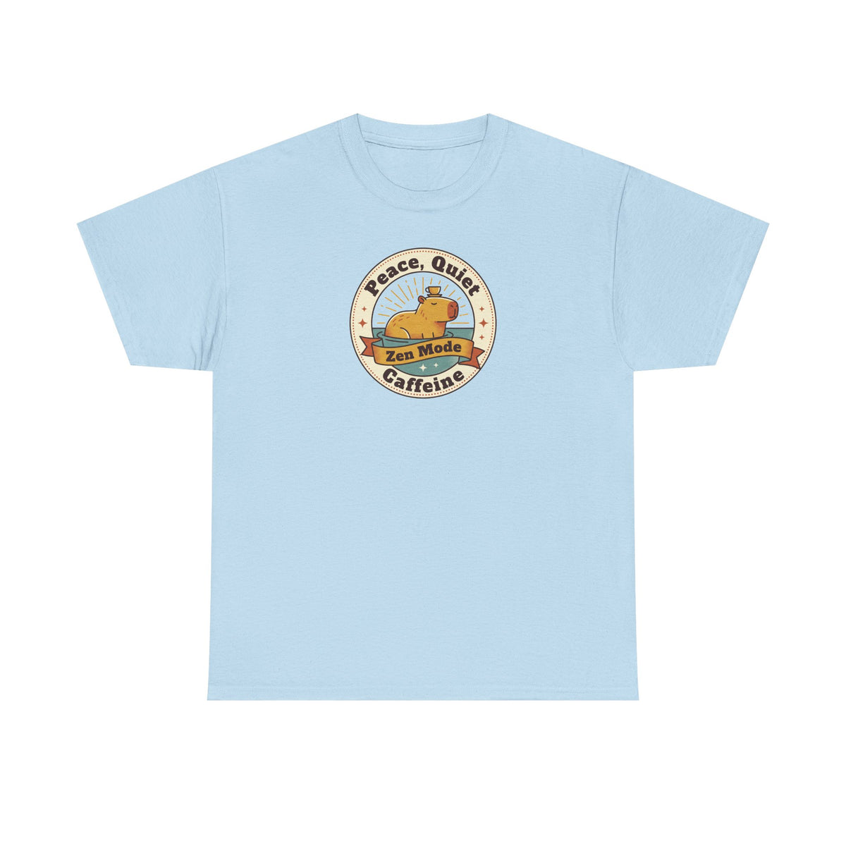 Light blue crew-neck T-shirt with round retro coffee seal graphic