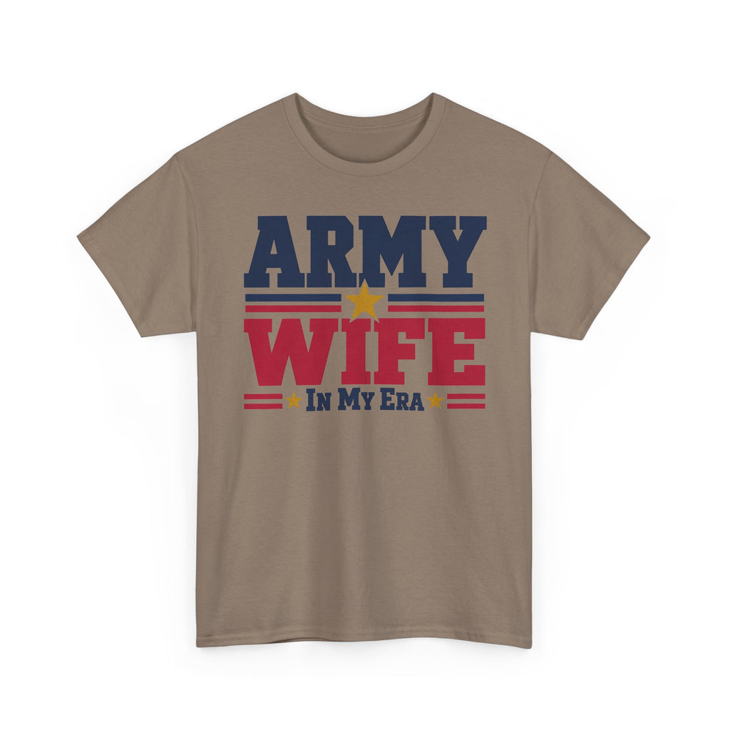 Tan crewneck graphic t-shirt with retro "Army Wife" patriotic text and star