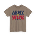 Tan crewneck graphic t-shirt with retro "Army Wife" patriotic text and star
