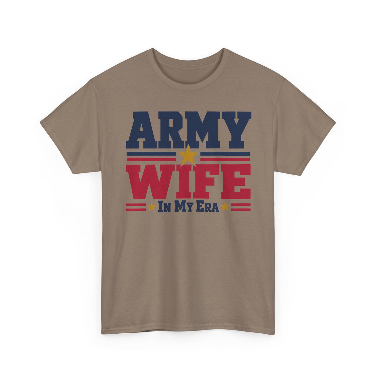 Tan crewneck graphic t-shirt with retro "Army Wife" patriotic text and star