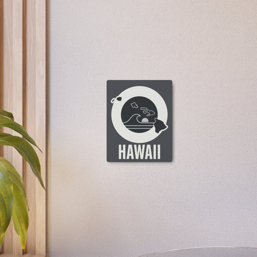 Hawaii metal wall art sign with white circular design and “HAWAII” text on dark plaque