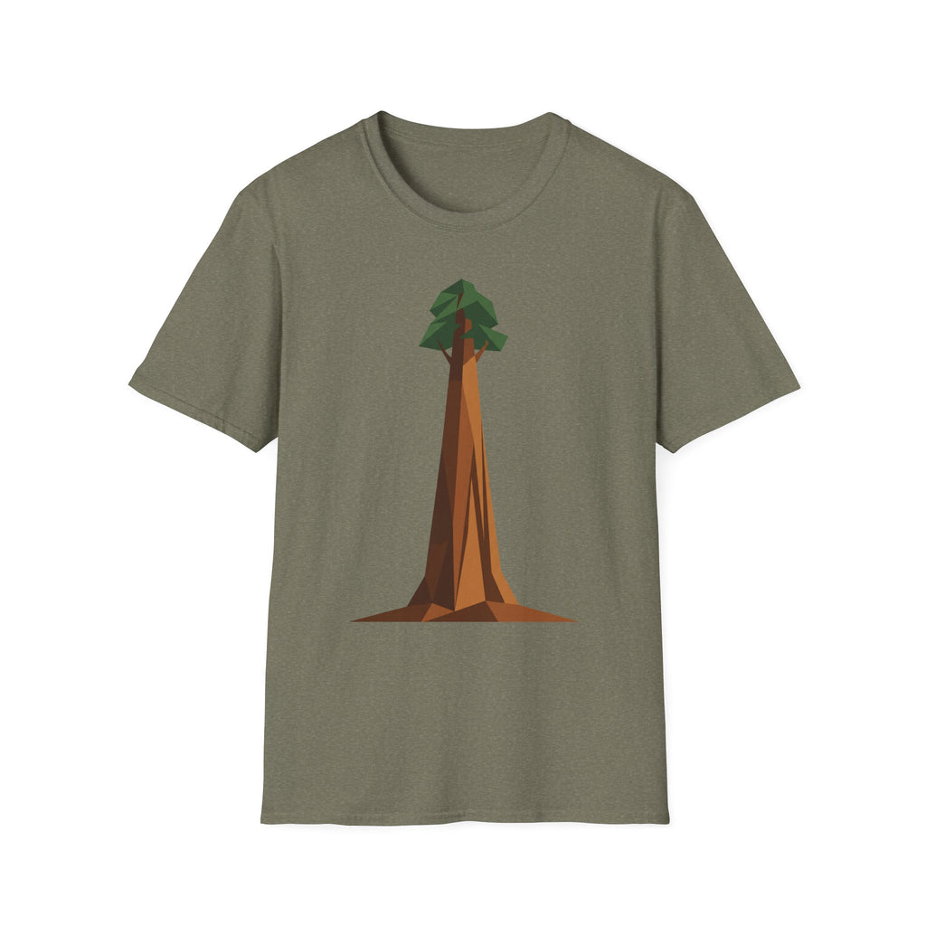 Geometric tree T-shirt, olive green base with low-poly redwood graphic on front