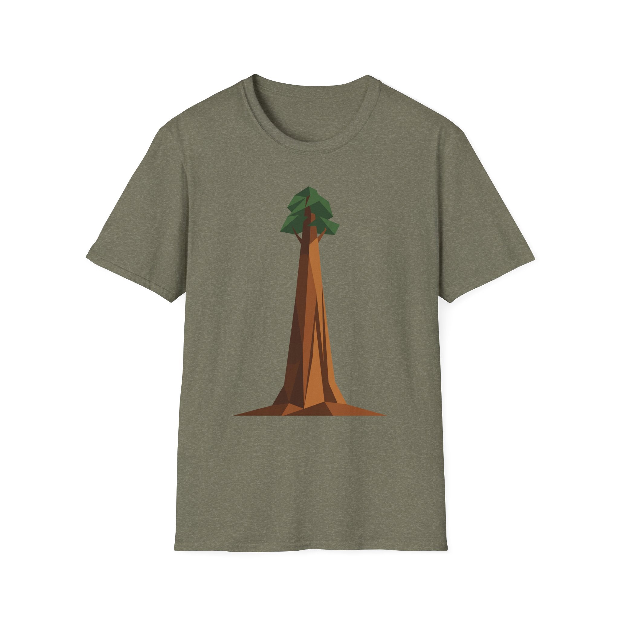 Geometric tree T-shirt, olive green base with low-poly redwood graphic on front