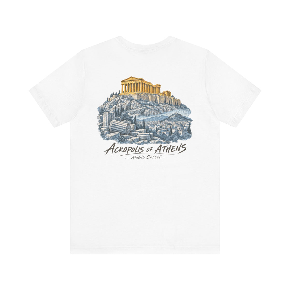 White crewneck T-shirt with Acropolis illustration graphic on the front