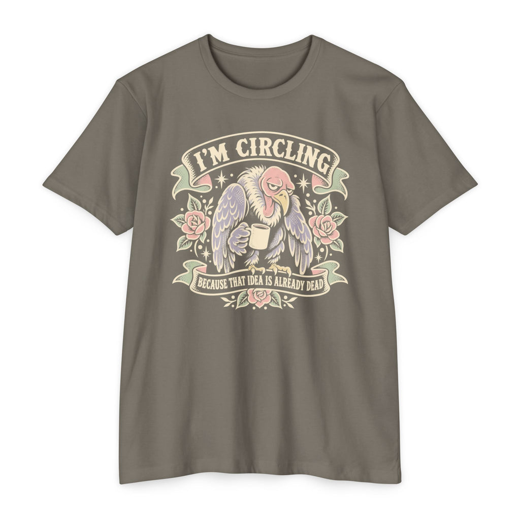 Dark olive vulture graphic T-shirt with winged face and “I’m circling” text