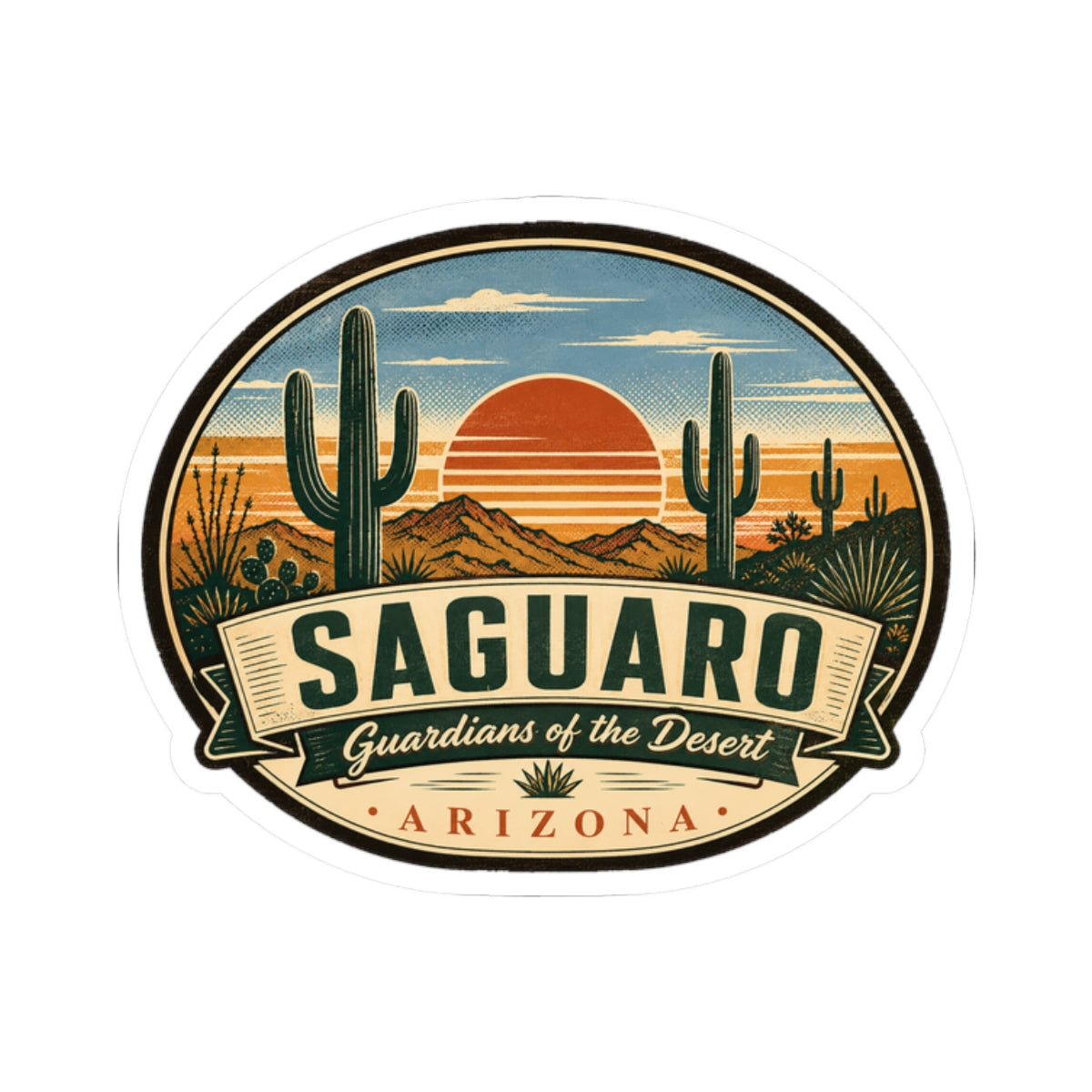 Round Saguaro Arizona travel sticker with desert horizon and orange sun