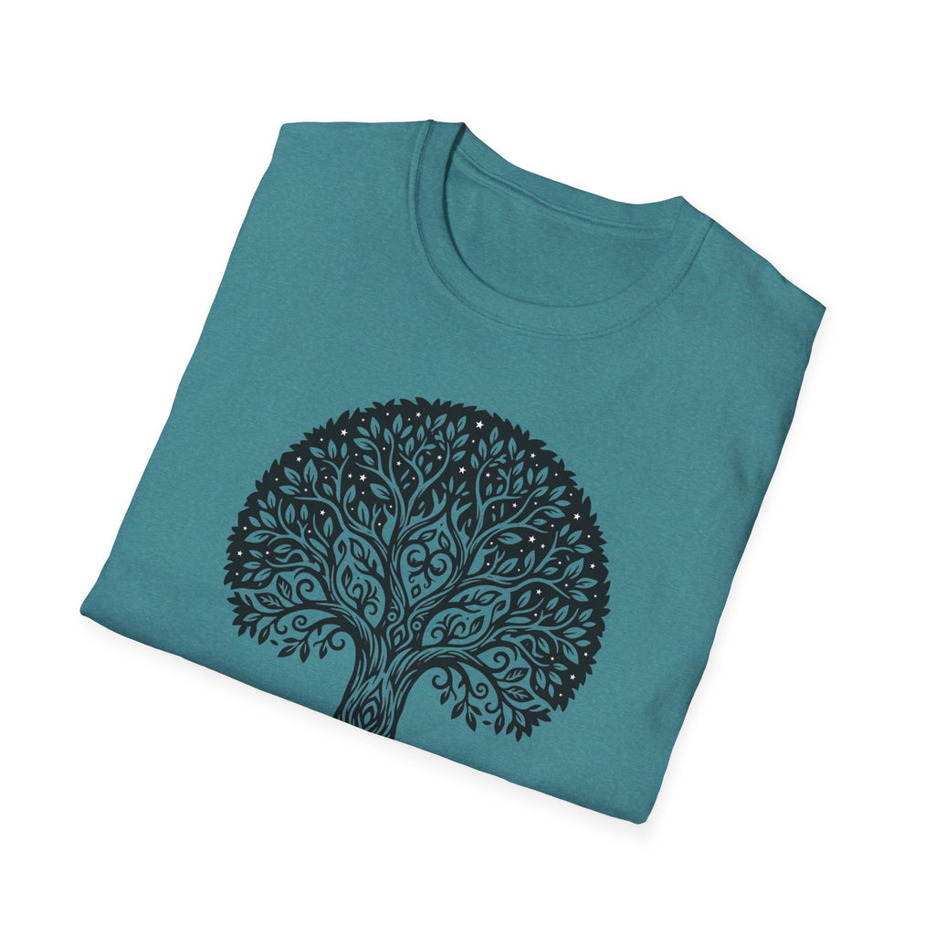 Heather Sapphire Tree of Life T-shirt, botanical tree graphic on teal