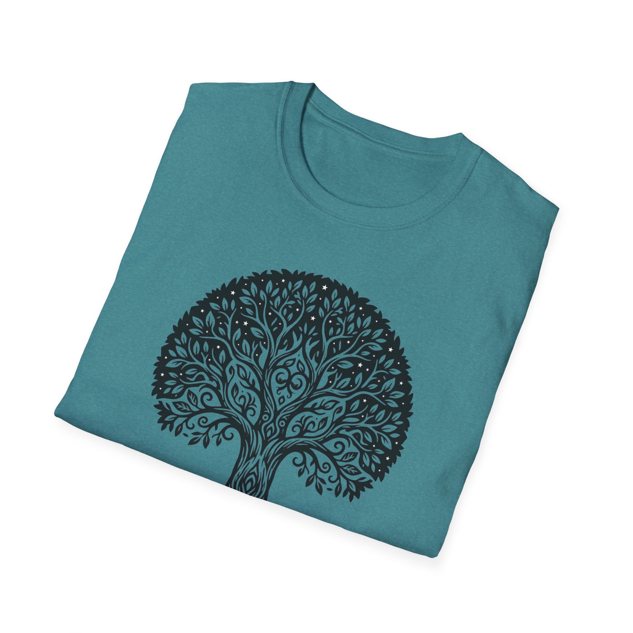 Heather Sapphire Tree of Life T-shirt, botanical tree graphic on teal