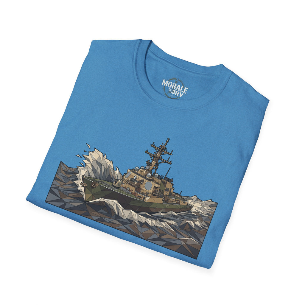 Light blue T-shirt with Coast Guard cutter ship graphic in geometric style