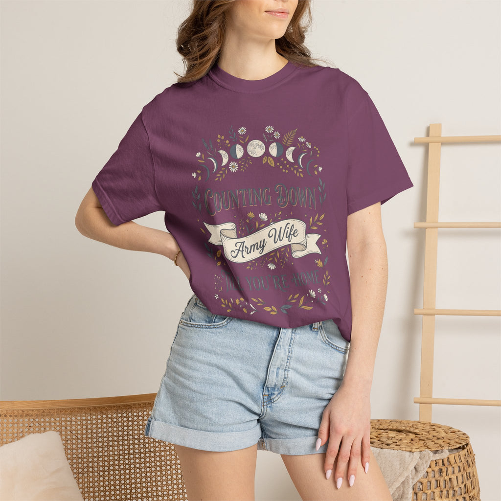 Plum T-shirt worn by model with floral “Counting Down” and “Army Wife”