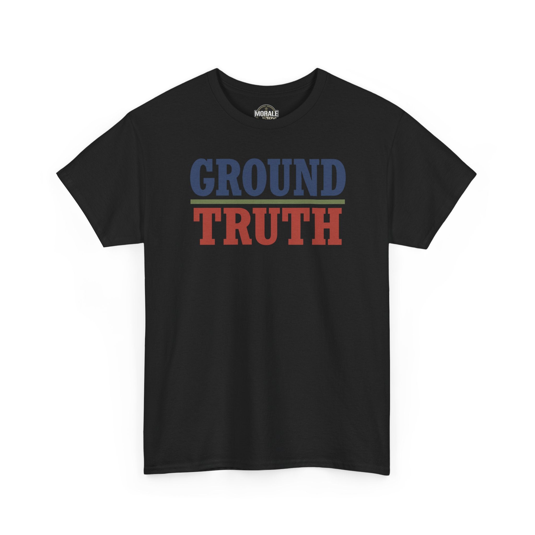 Black crewneck t-shirt with 'GROUND TRUTH' graphic in red and blue.