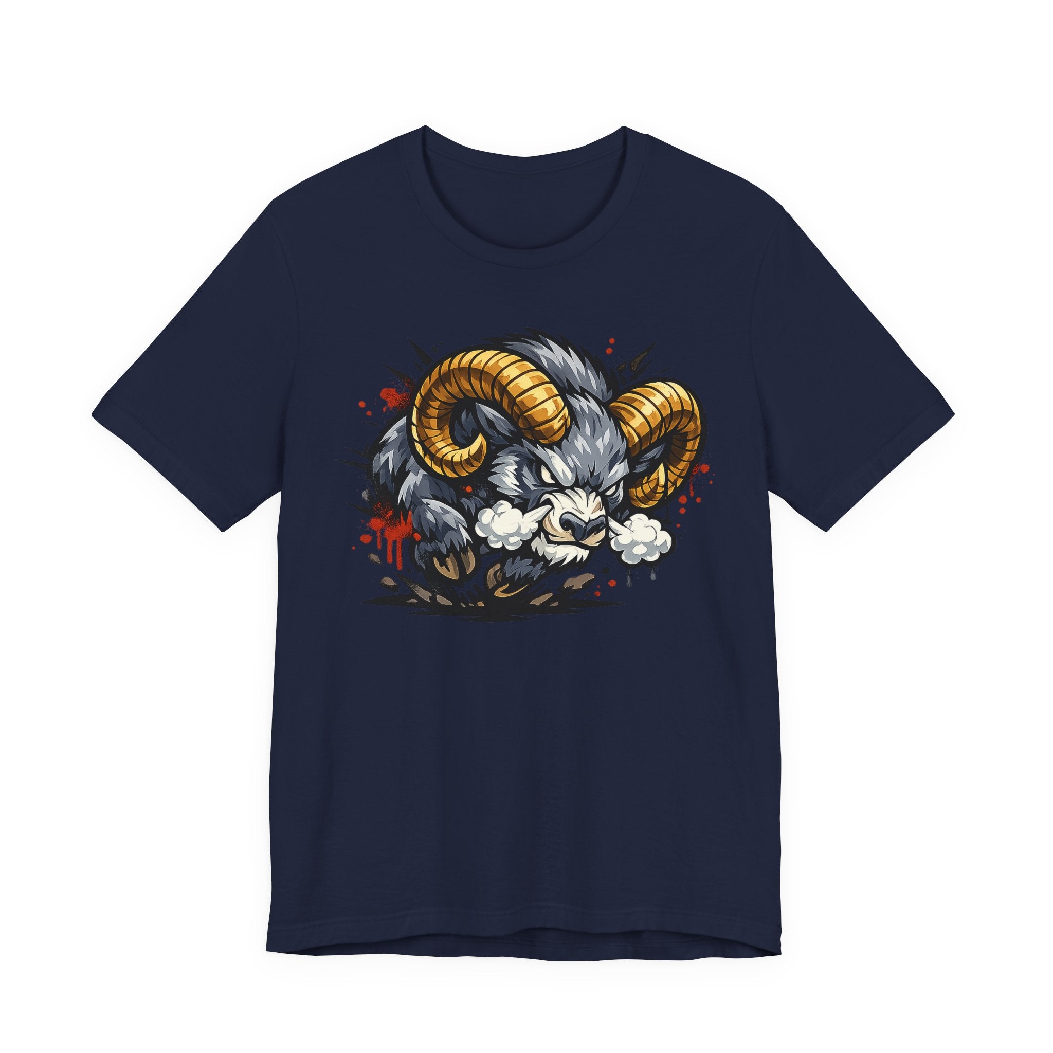 Navy crew-neck T-shirt with angry ram graphic in gold, black, and white