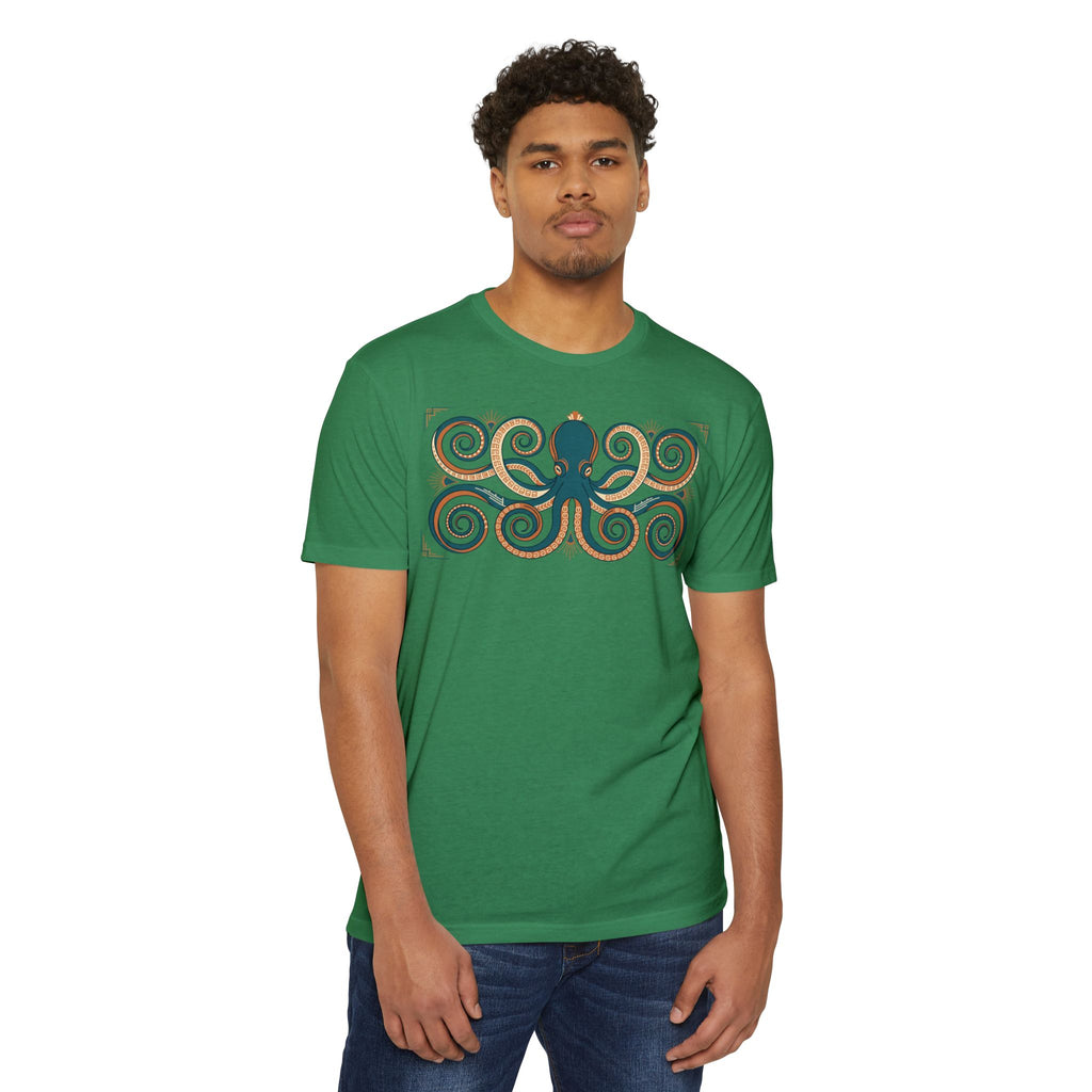 Octopus graphic T-shirt, green, short-sleeve crew neck, octopus swirl front