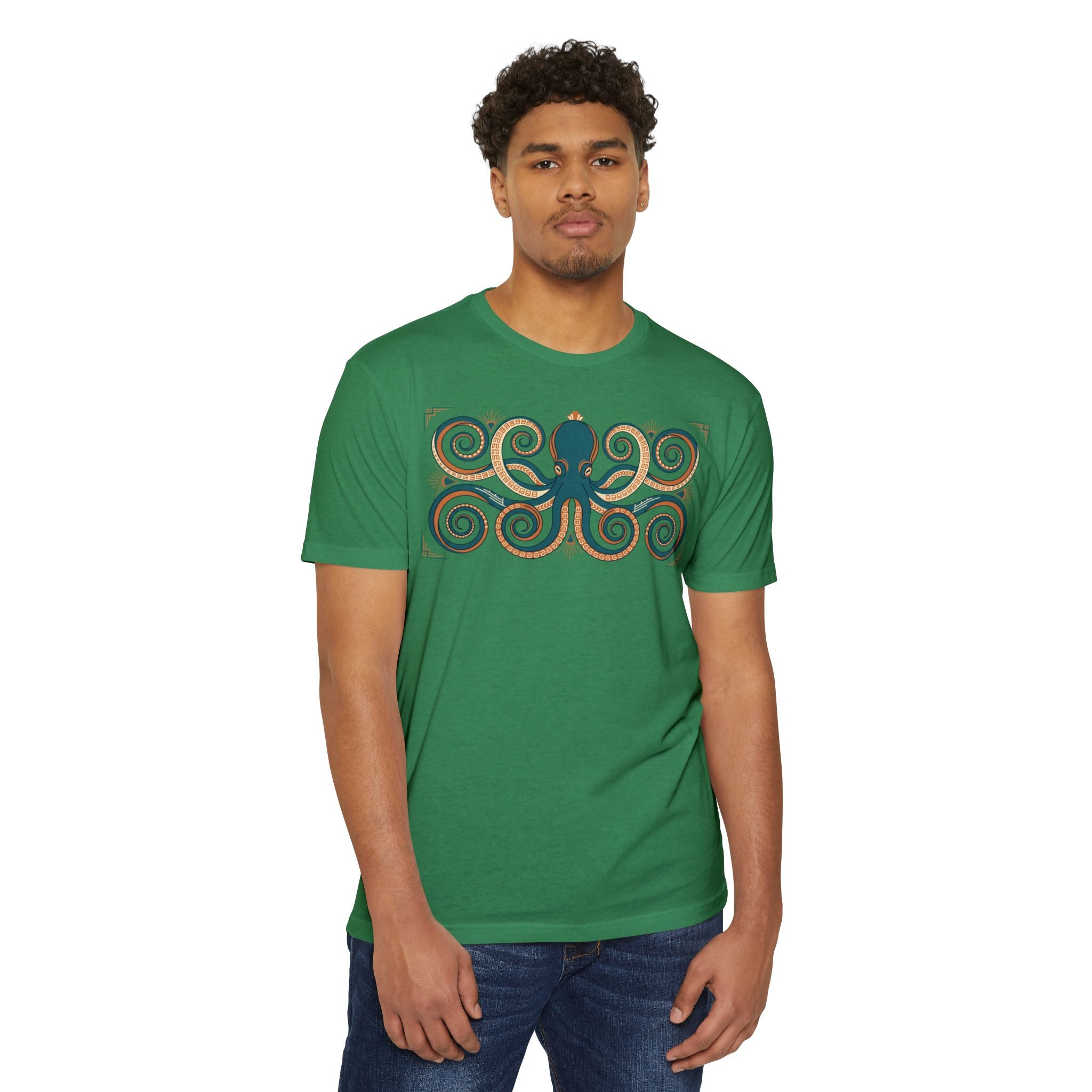 Octopus graphic T-shirt, green, short-sleeve crew neck, octopus swirl front