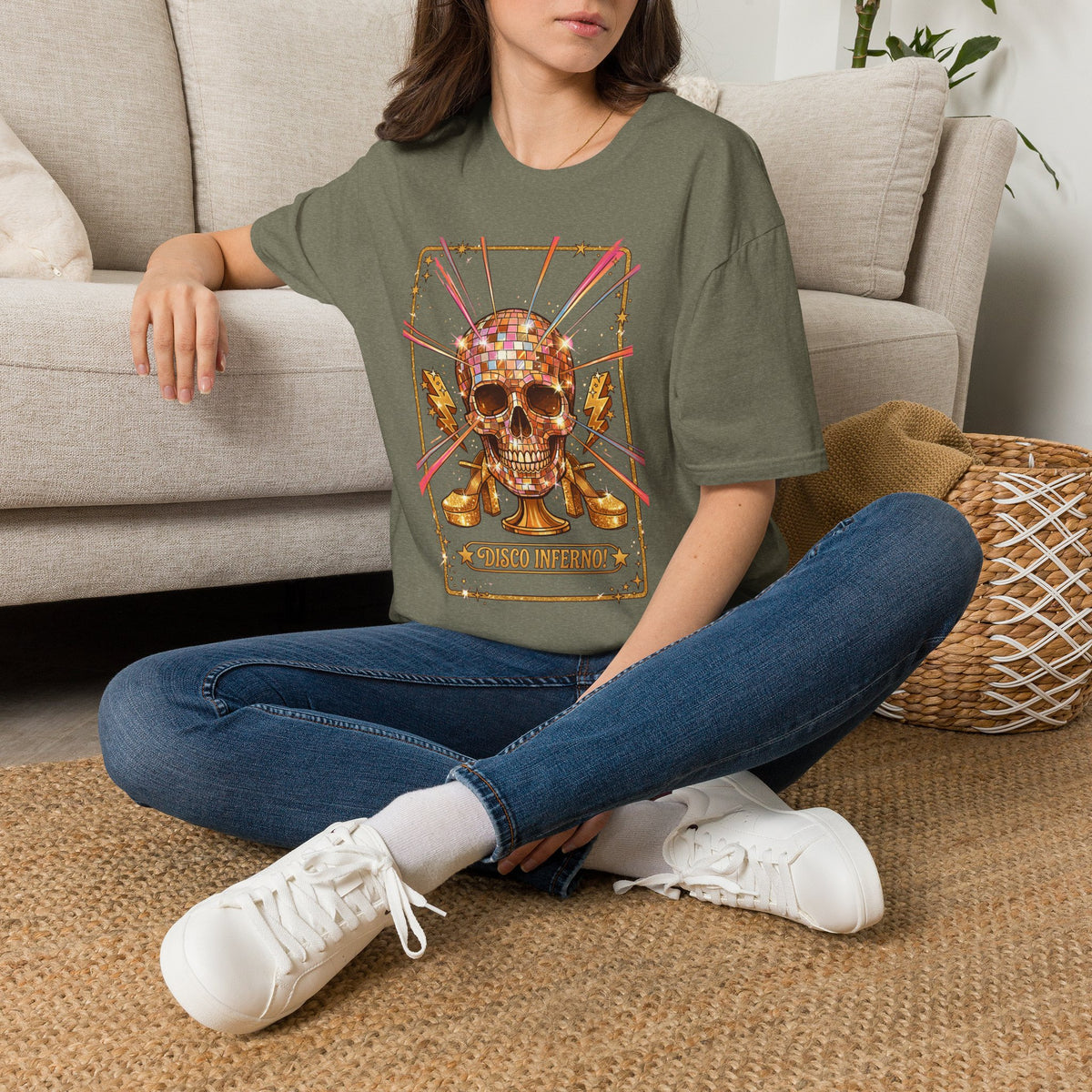 Olive unisex T-shirt with disco skull and disco ball graphic on front, crew neck short sleeves