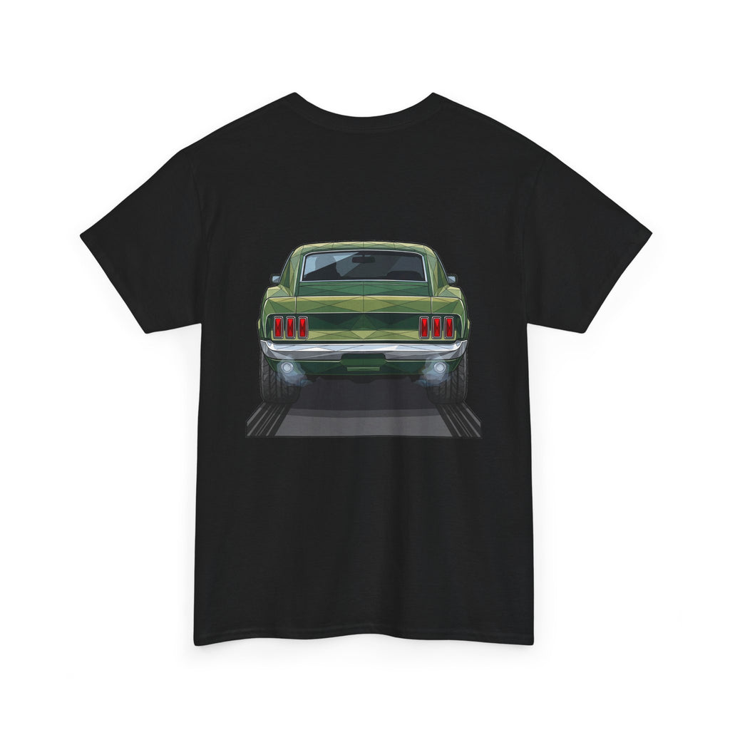 Black crew-neck t-shirt with vintage green muscle car rear illustration
