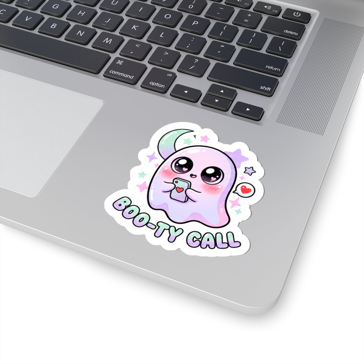Kawaii ghost phone sticker showing purple ghost head, heart badge, and Boo-ty Call text