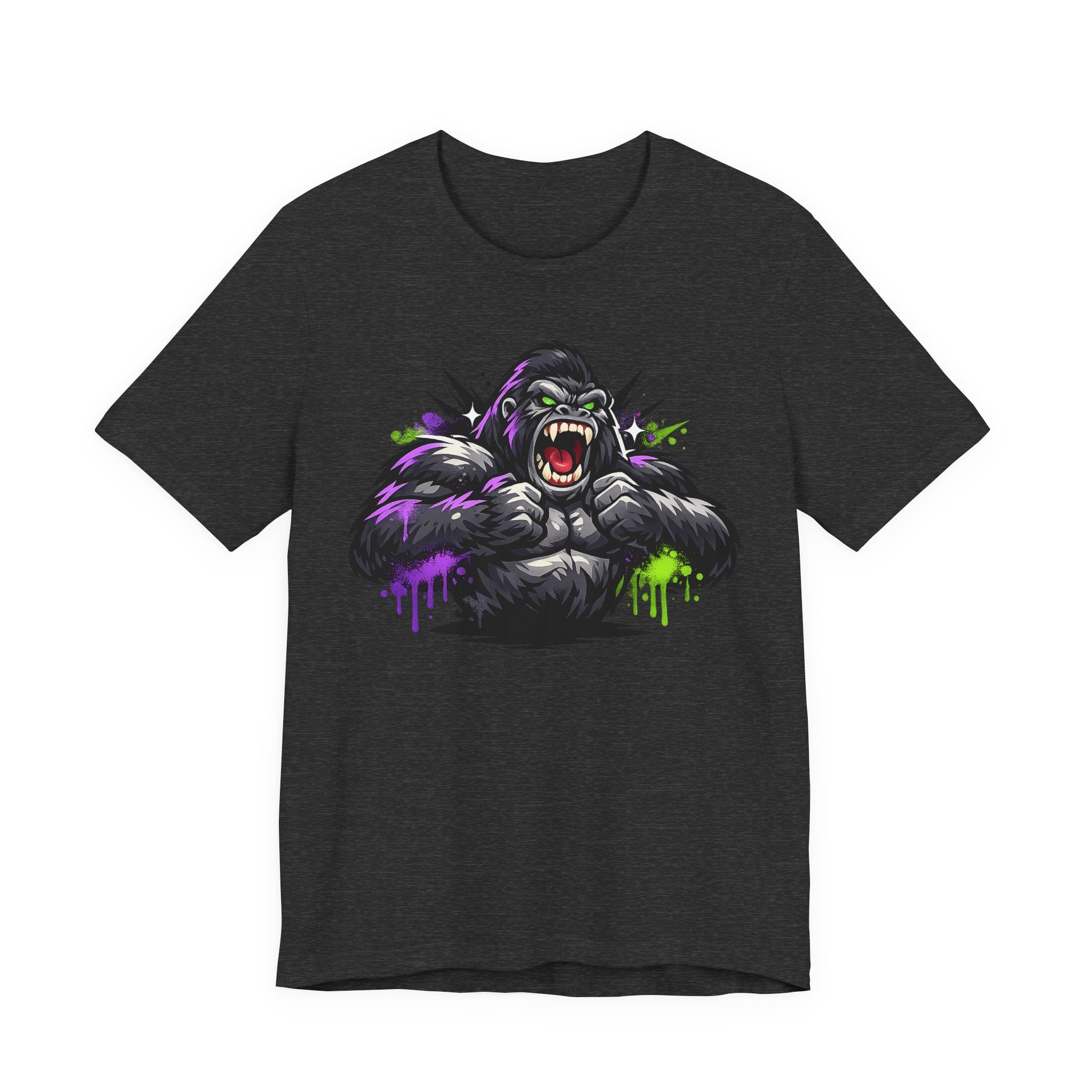 Dark charcoal graphic gorilla tee with roaring ape illustration and purple/green neon paint drips