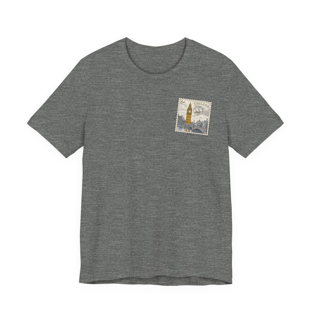 Men's dark gray travel t-shirt with small vintage postage stamp-style tower graphic