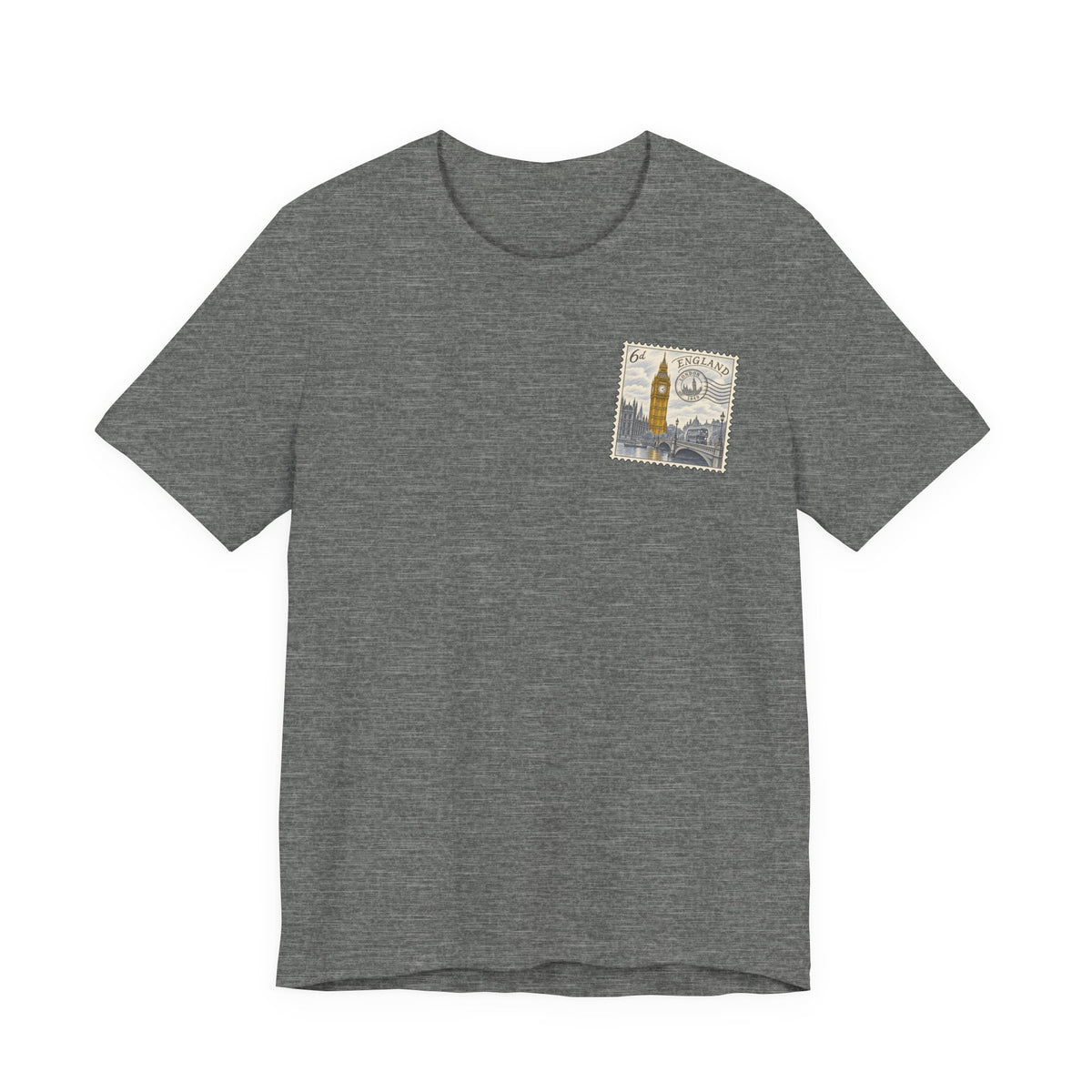 Men's dark gray travel t-shirt with small vintage postage stamp-style tower graphic