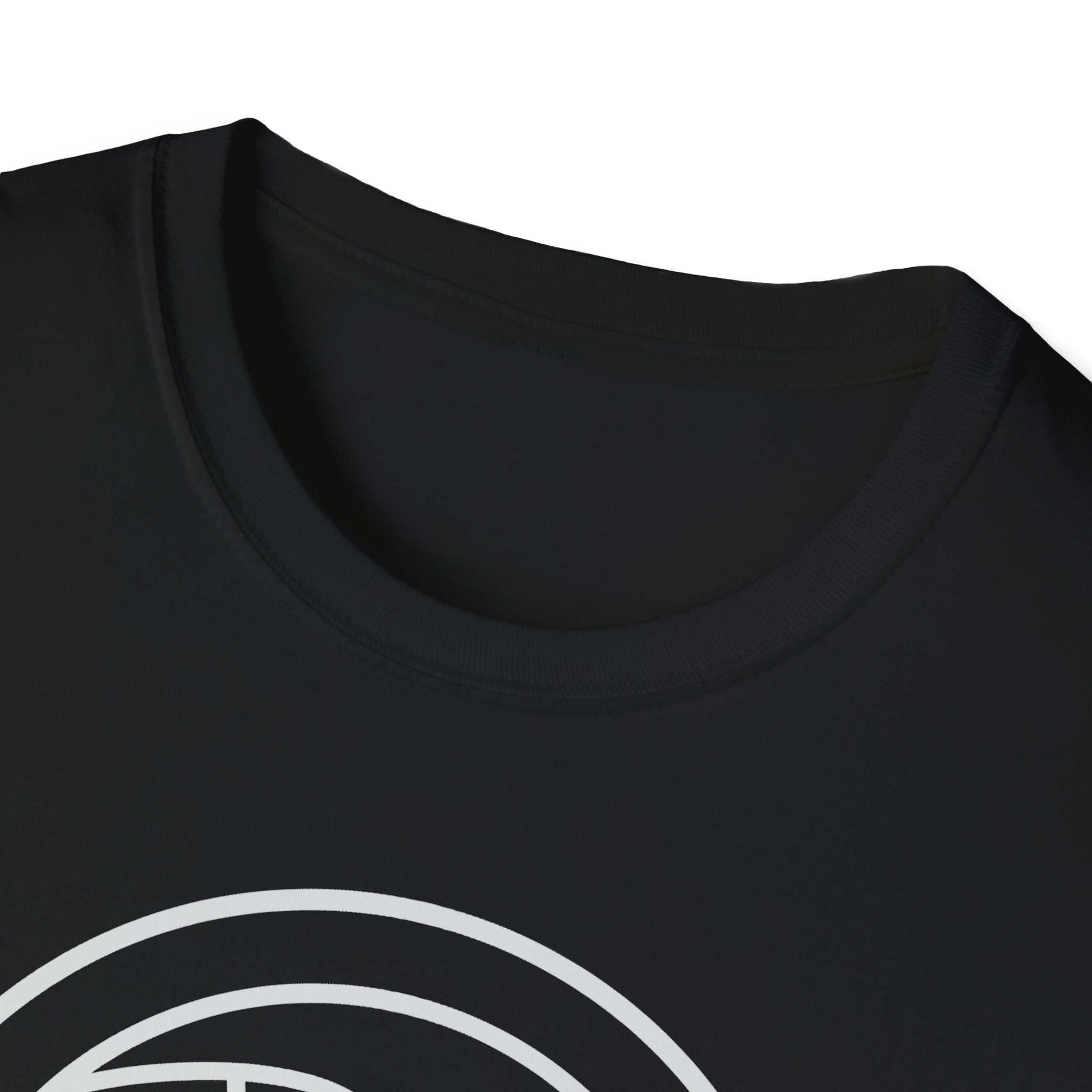 Black crewneck T-shirt with white circular patriotic graphic, partial view