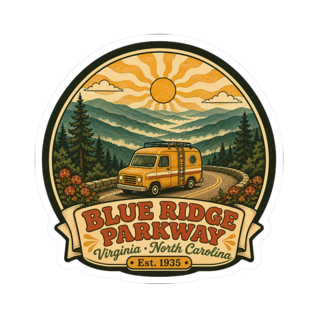 Die-cut badge sticker: yellow camper van in scenic mountains with sun disk and Blue Ridge Parkway banner