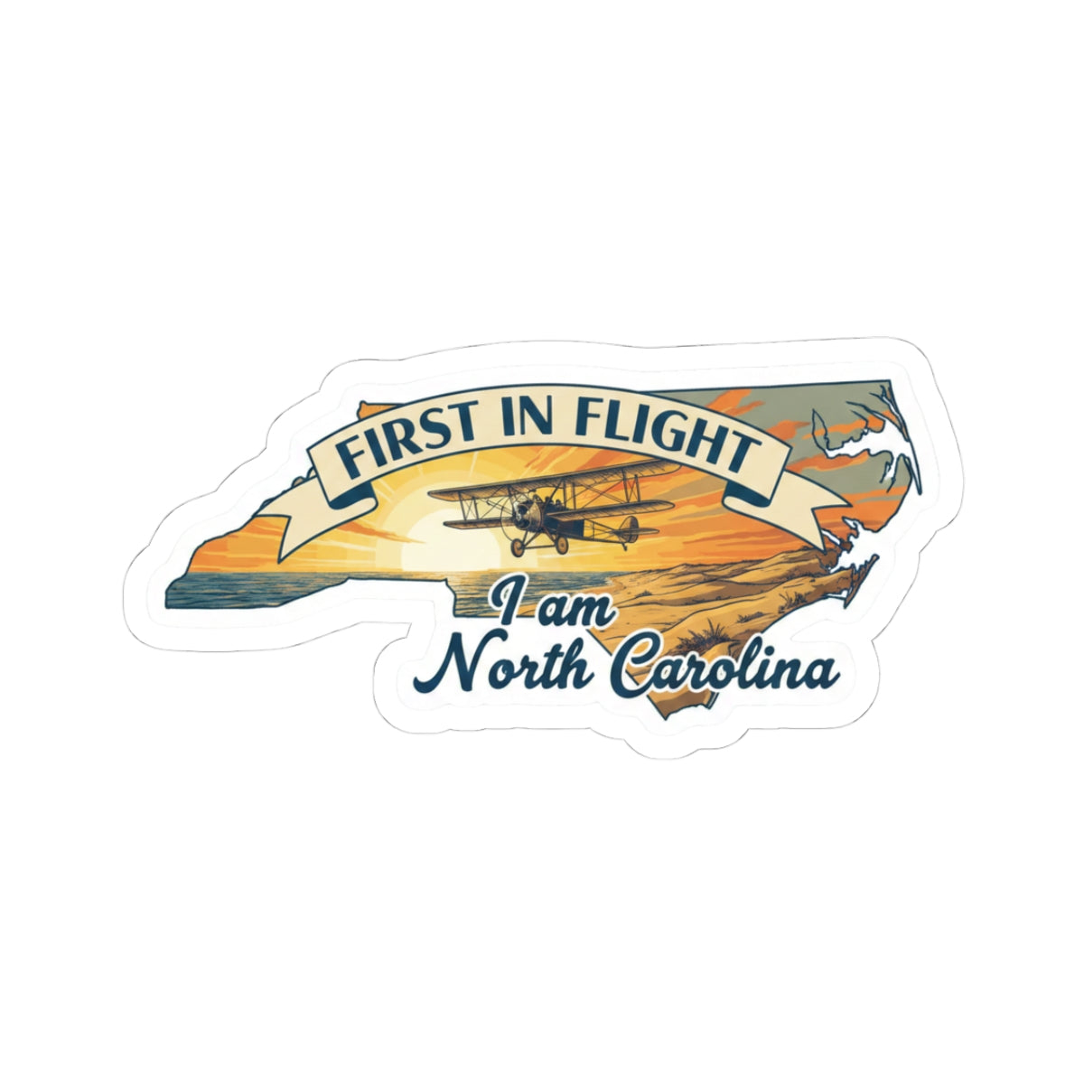 First in Flight North Carolina sticker with airplane graphic and “9 am North Carolina”.