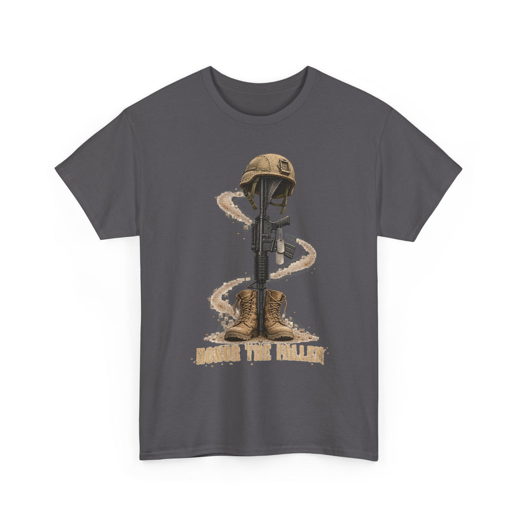 Charcoal gray graphic t-shirt with soldier and rifle emblem on front.