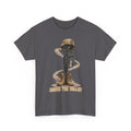 Charcoal gray graphic t-shirt with soldier and rifle emblem on front.