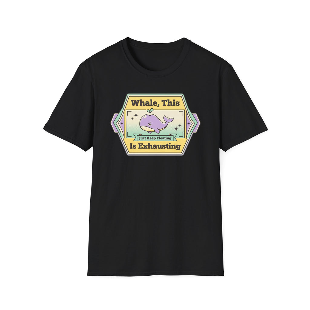 Black short-sleeve T-shirt with colorful whale pun graphic