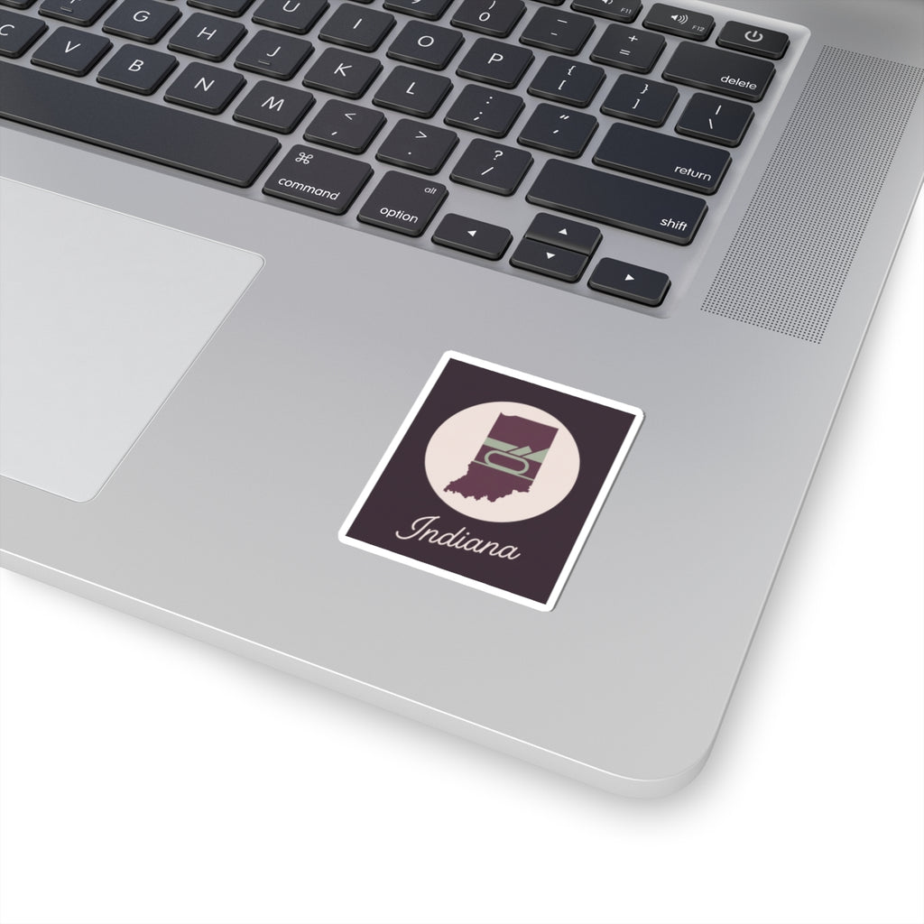 Mauve Indiana state silhouette kiss-cut vinyl sticker, square design with 'Indiana' script