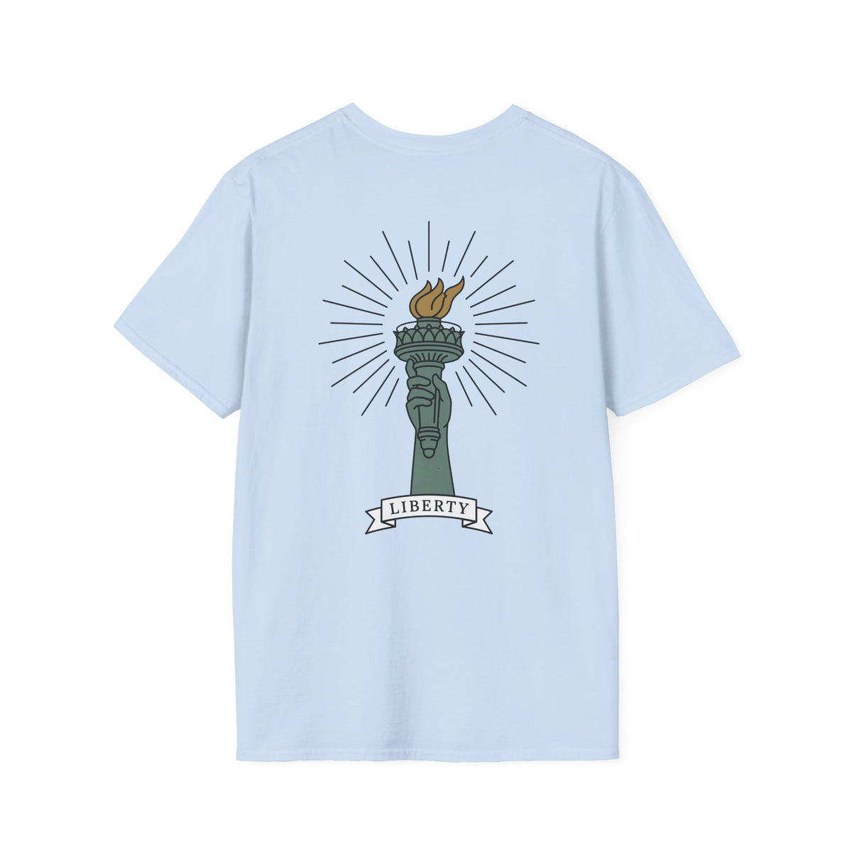 Light blue T-shirt with colorful Liberty flame torch graphic on the back