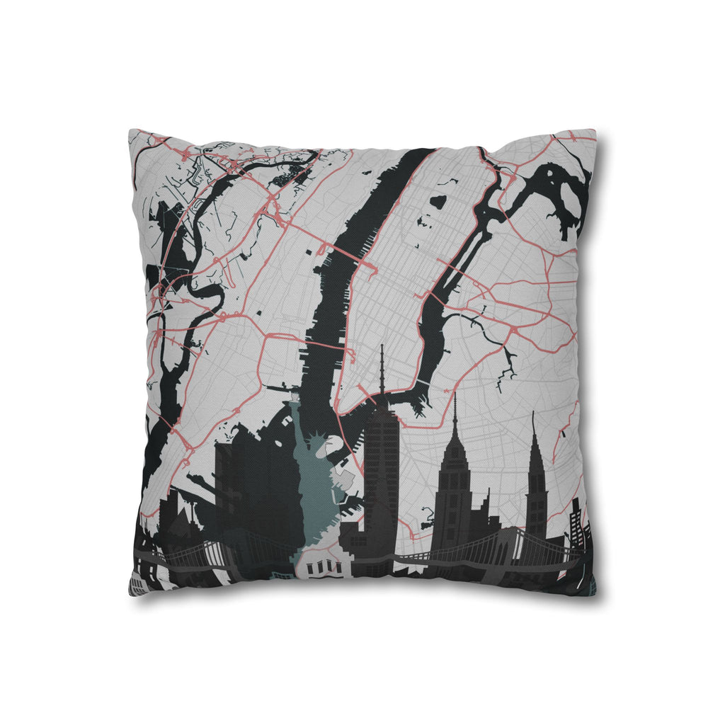 Black city map skyline square pillowcase: black blocks, gray grid, red road lines
