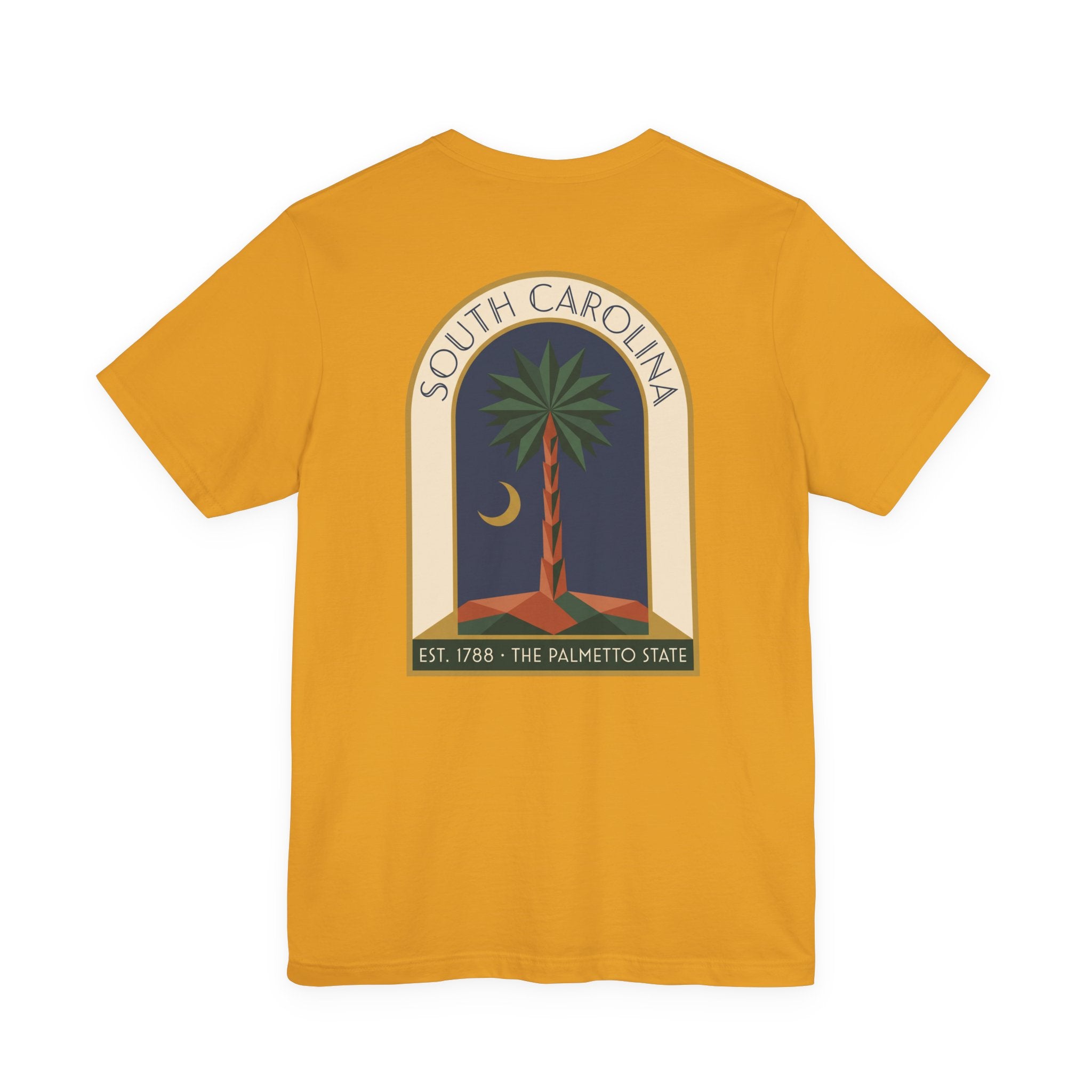 Mustard T-shirt with large South Carolina palmetto window graphic on back