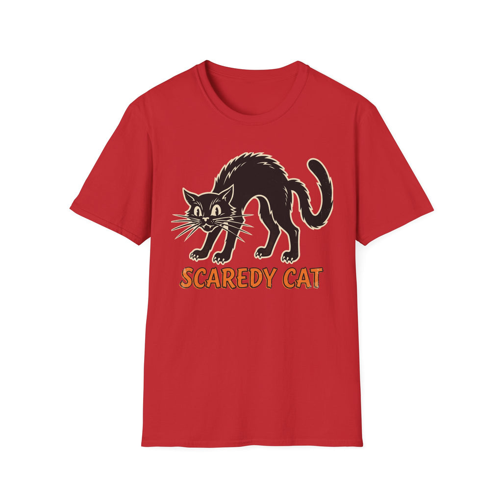 Red crew-neck T-shirt with black cat graphic and 'SCAREDY CAT' text