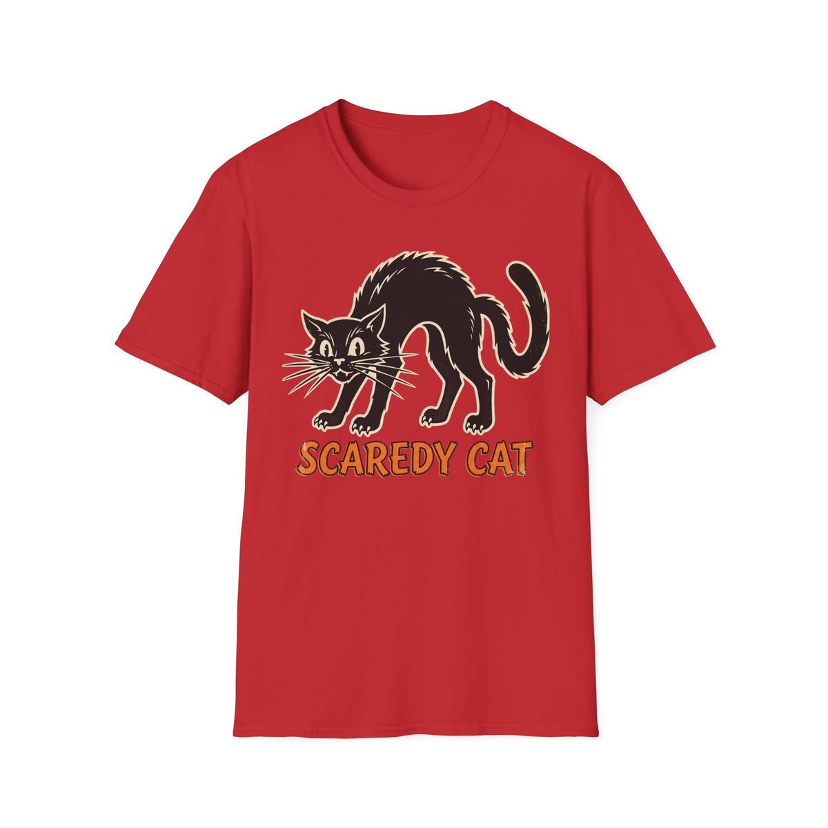 Red crew-neck T-shirt with black cat graphic and 'SCAREDY CAT' text